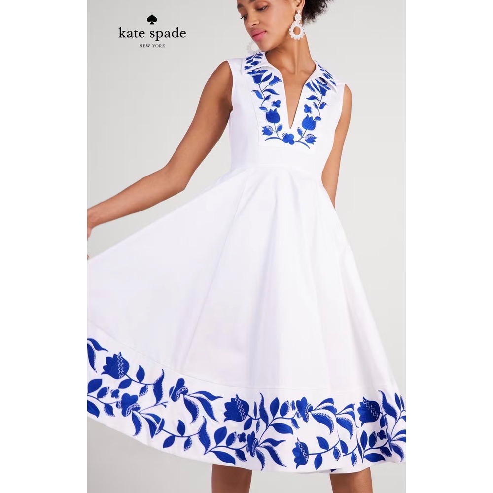 KATE SPADE White Blue Dress Zig Zag Floral Embroidered Fit Flare Midi Sleeveless